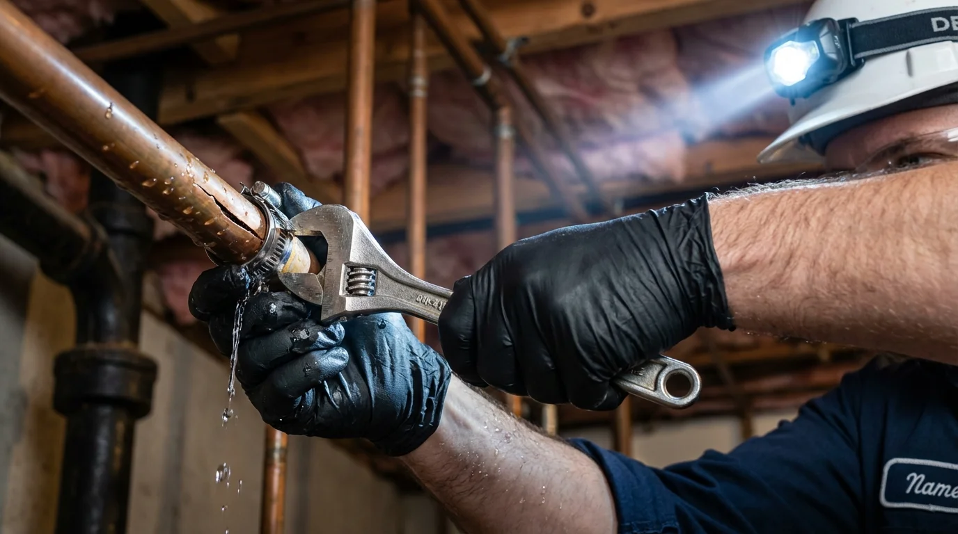 Emergency pipe clamp repair being performed by a Johns Plumbing LLC plumber in Daytona Beach
